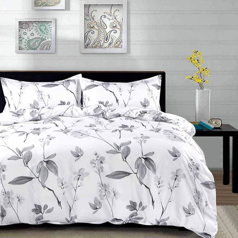 Nanko King Duvet Cover Set 3 Piece - 104x90 Luxury Microfiber Gray Grey and White Floral Flowers Comforter Cover with Zipper Closure, Ties - Best for Men and Women, Leaf - Image 1